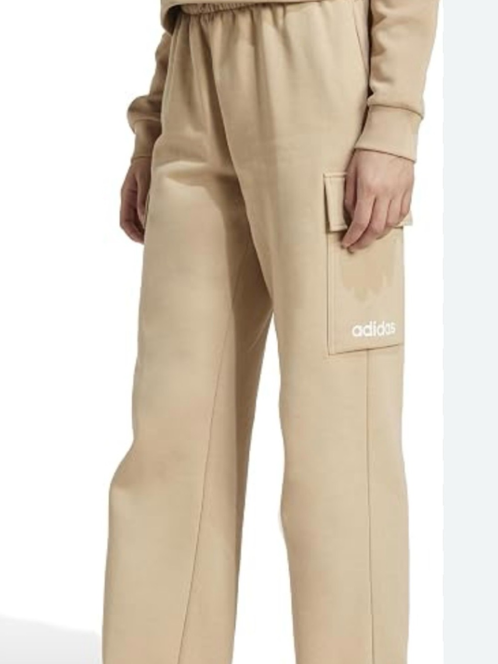 NWT women's Adidas Essentials Linear Fleece Cargo Joggers in warm sandstone